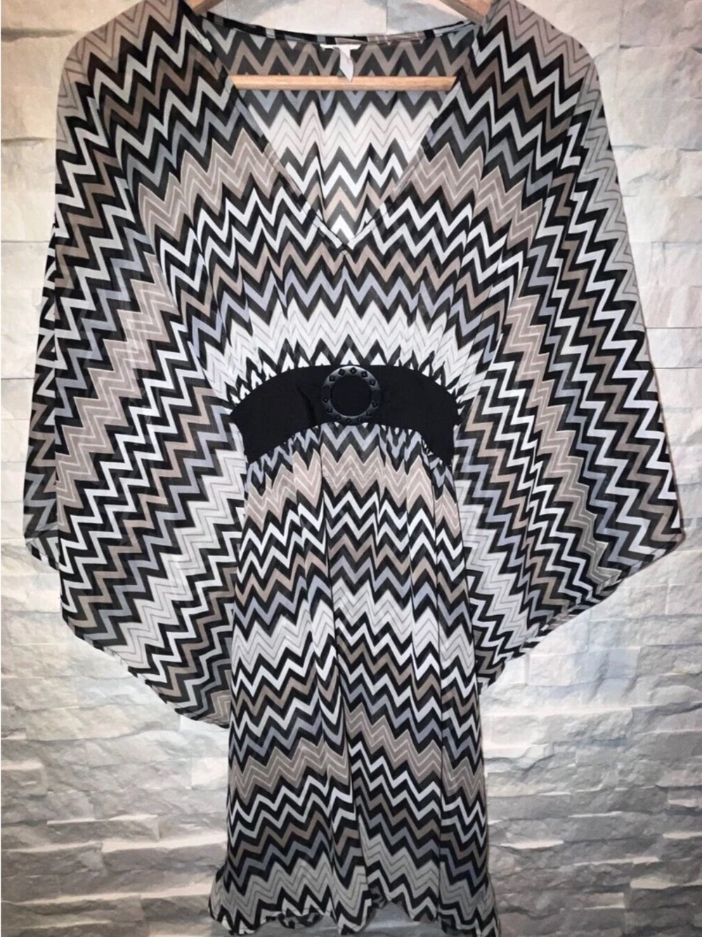Perry Ellis Zigzag Chevron Belted Kimono Top Black White Taupe ONE Size